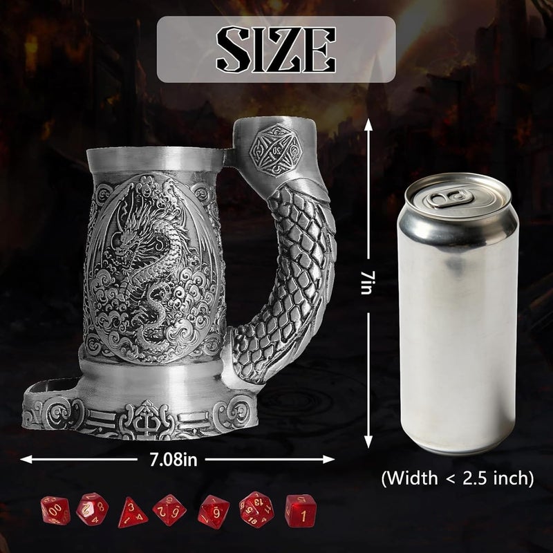 Luazuri Store كوب برج النرد، برج رمي النرد، يأتي مع مجموعة نرد مكونة من 7 قطع، مناسب لألعاب DND والزنزانات والتنانين، ألعاب الطاولة، متاح كحامل مشروبات، هدايا D&D، ملحقات DND (فضي-تنين) - Image 3